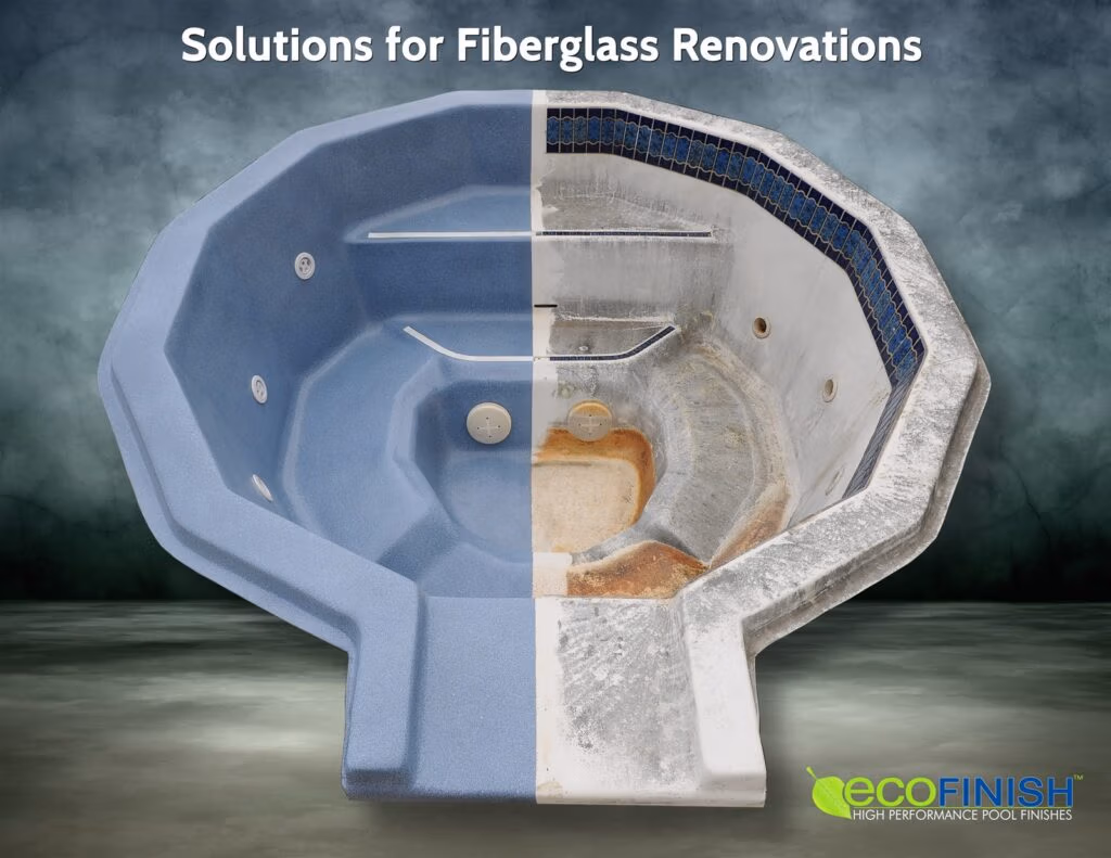 Cross-section of a fiberglass pool showing half refurbished blue surface and half worn surface with rust, illustrating renovation options (ecoFINISH logo bottom right).